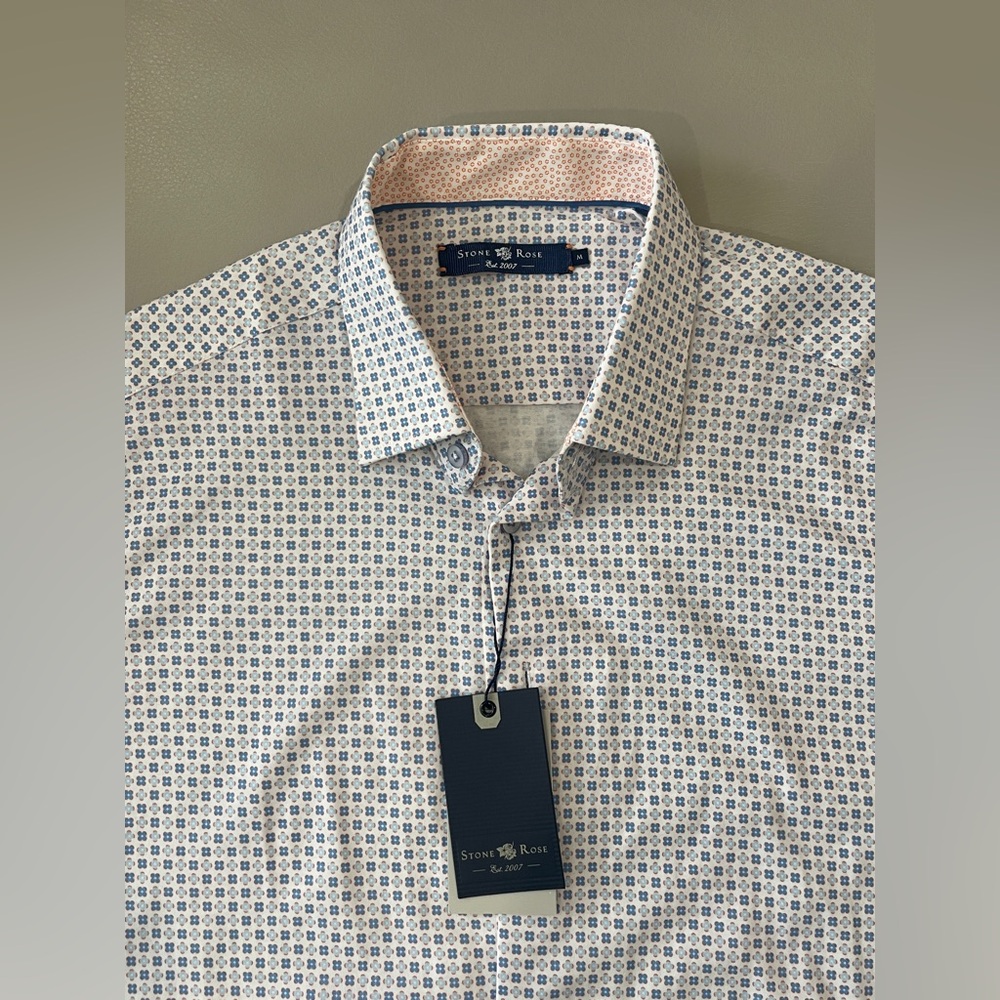 NEW Stone Rose Trim Fit Print Button Down Shirt Men's Blue Orange Size Medium